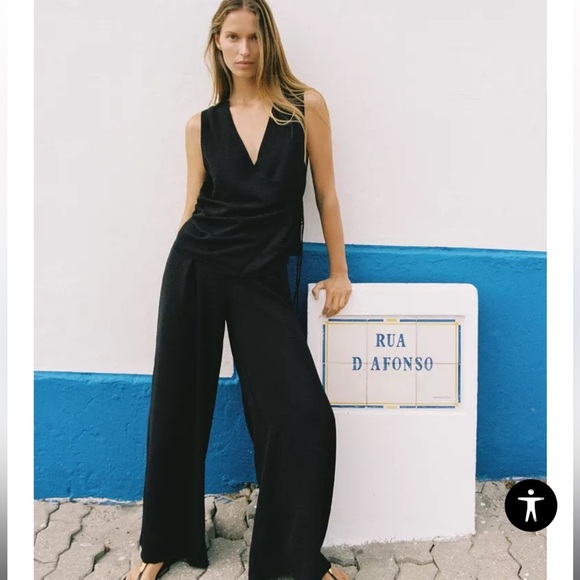 NWT ZARA WIDE LEG VISCOSE BLEND LIGHTWEIGHT BLACK PANTS SIZE SMALL - Picture 2 of 13